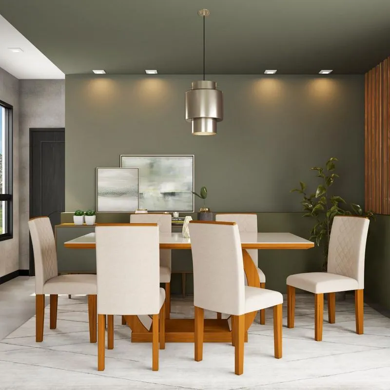 Conjunto de Mesa de Jantar com Vidro e 6 Cadeiras Mobly Amélia MDF e Veludo Creme