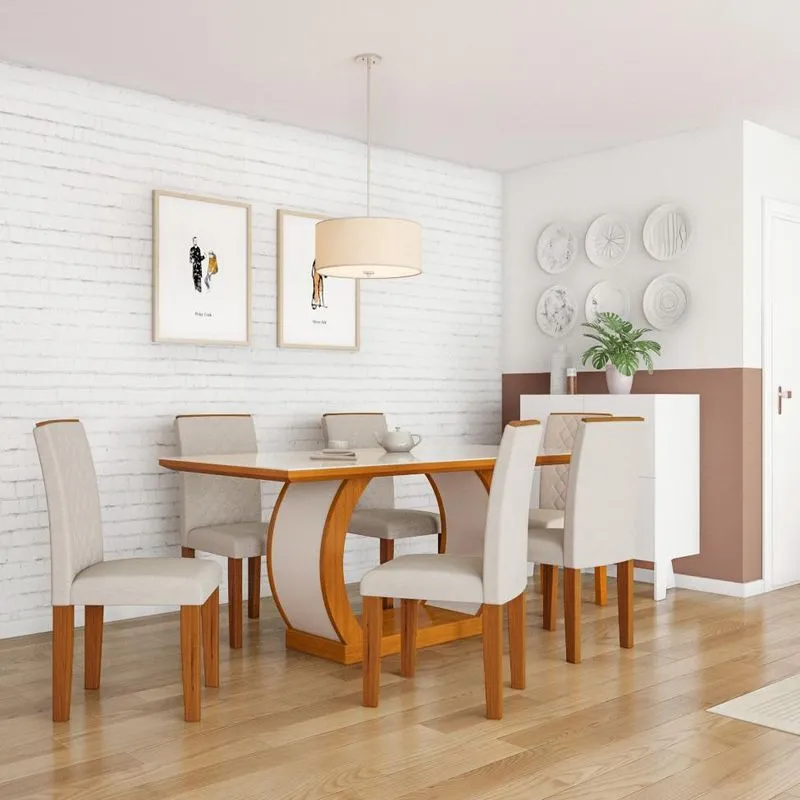 Conjunto de Mesa de Jantar com Vidro e 6 Cadeiras Mobly Mia Veludo Imbuia e Creme