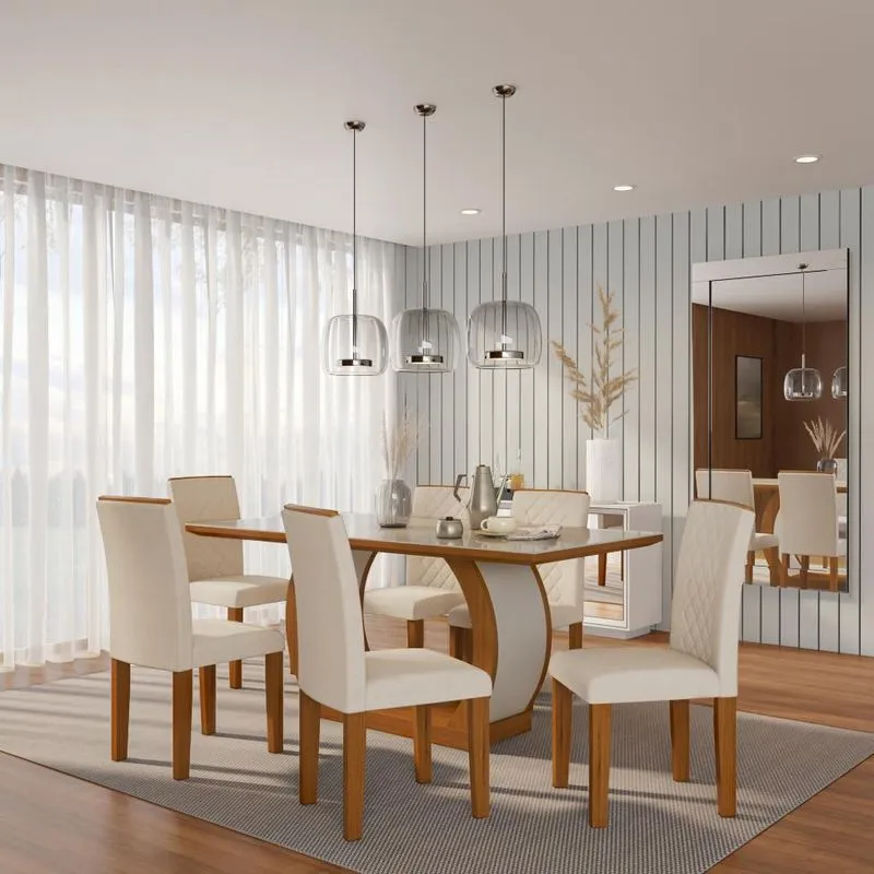 Conjunto de Mesa de Jantar com Vidro e 6 Cadeiras Mobly Sienna Veludo Imbuia e Creme
