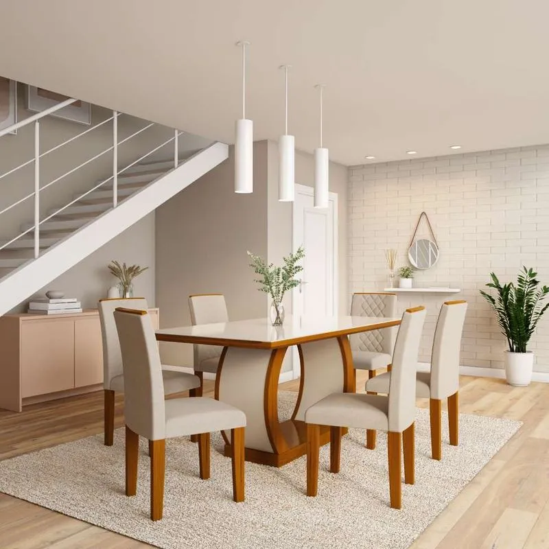 Conjunto de Mesa de Jantar com Vidro e 6 Cadeiras Mobly Eva MDF Veludo Creme
