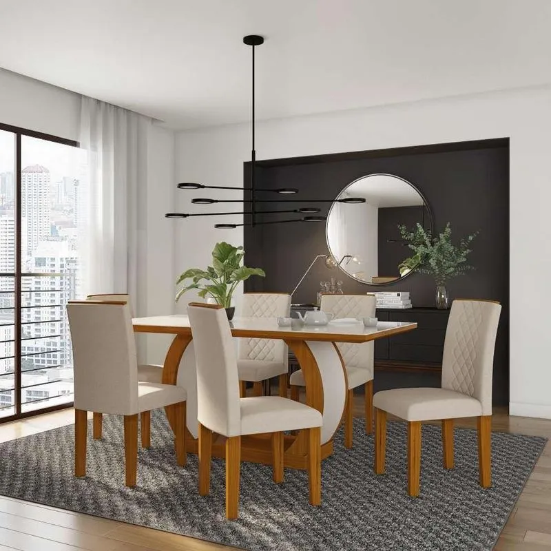 Conjunto de Mesa de Jantar com Vidro e 6 Cadeiras Mobly Daisy Veludo Imbuia e Creme