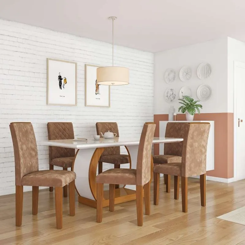 Conjunto De Mesa De Jantar Com 6 Cadeiras Estofadas Mia Animalle Off White E Chocolate