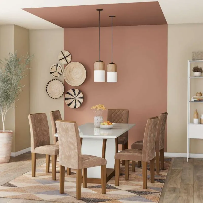 Conjunto De Mesa De Jantar Com 6 Cadeiras Estofadas Emily Animalle Off White E Chocolate