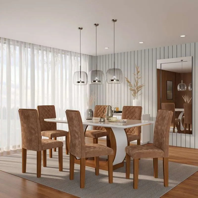 Conjunto de Mesa de Jantar com 6 Cadeiras Estofadas Mobly Sienna MDF e Vidro Off White