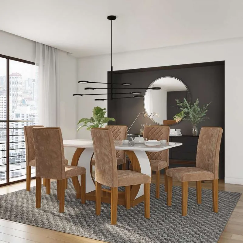Conjunto De Mesa De Jantar Com 6 Cadeiras Estofadas Daisy Animalle Off White E Chocolate