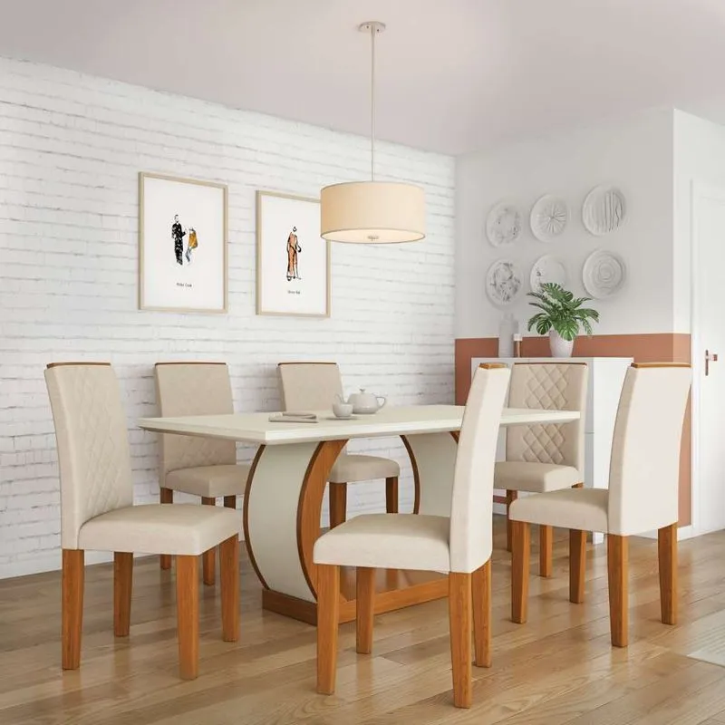 Conjunto De Mesa De Jantar Com 6 Cadeiras Estofadas Amélia I Veludo Off White E Creme
