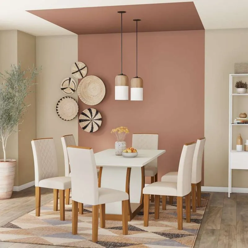 Conjunto De Mesa De Jantar Com 6 Cadeiras Estofadas Mia I Veludo Off White E Creme