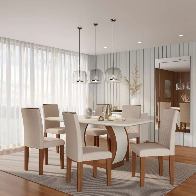 Conjunto De Mesa De Jantar Com 6 Cadeiras Estofadas Emily I Veludo Off White E Creme