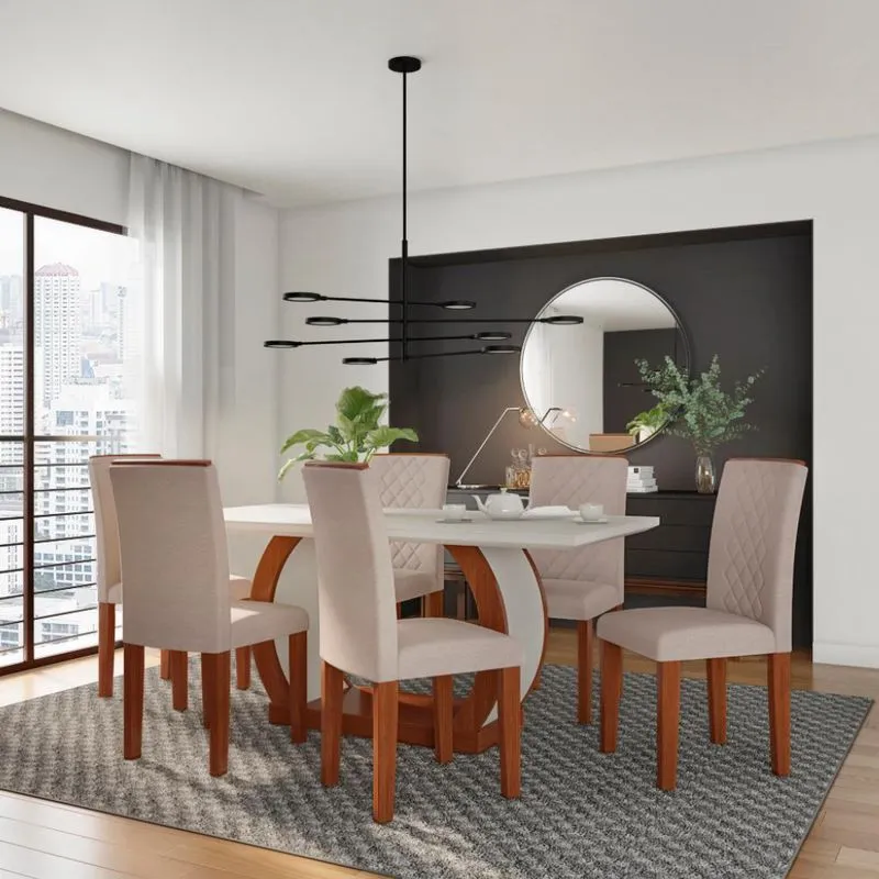Conjunto de Mesa de Jantar com 6 Cadeiras Estofadas Mobly Jéssica I Veludo Off White