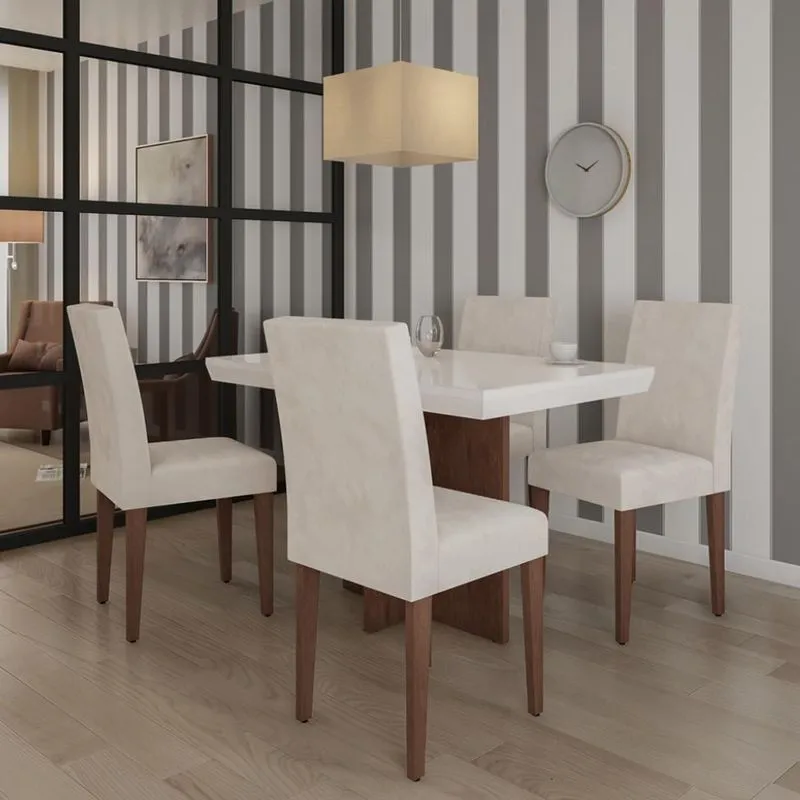 Conjunto de Mesa de Jantar Texas I com Tampo de Vidro Off White e 4 Cadeiras Grécia Veludo Creme