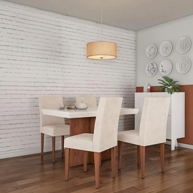 Conjunto de Mesa de Jantar Orlando I com Tampo de Vidro Off White e 4 Cadeiras Grécia Veludo Creme