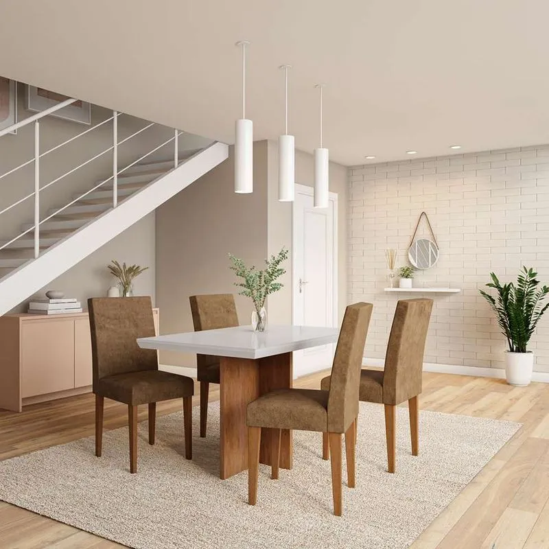 Conjunto de Mesa de Jantar com Tampo de Vidro Bilbao e 4 Cadeiras Grécia Suede Chocolate