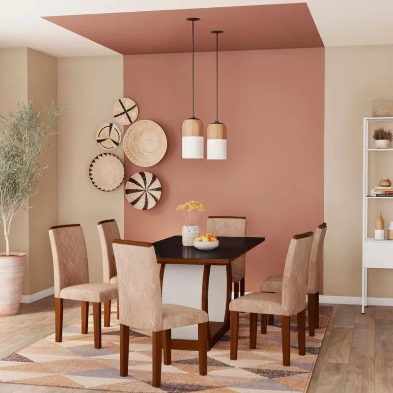 Conjunto de Mesa de Jantar com Vidro e 6 Cadeiras Amélia II Suede Animalle Castor e Chocolate