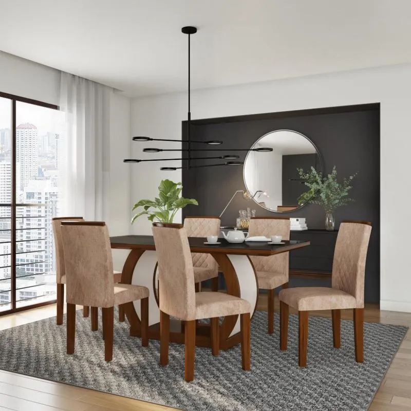 Conjunto de Mesa de Jantar com Vidro e 6 Cadeiras Emily II Suede Animalle Castor e Chocolate