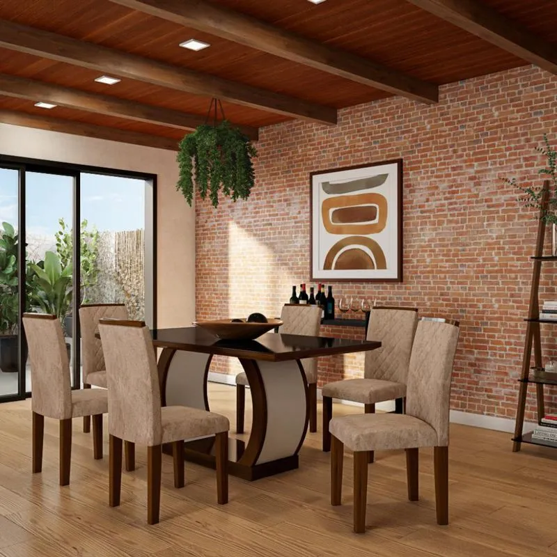 Conjunto de Mesa de Jantar com Vidro e 6 Cadeiras Eva II Suede Animalle Castor e Chocolate