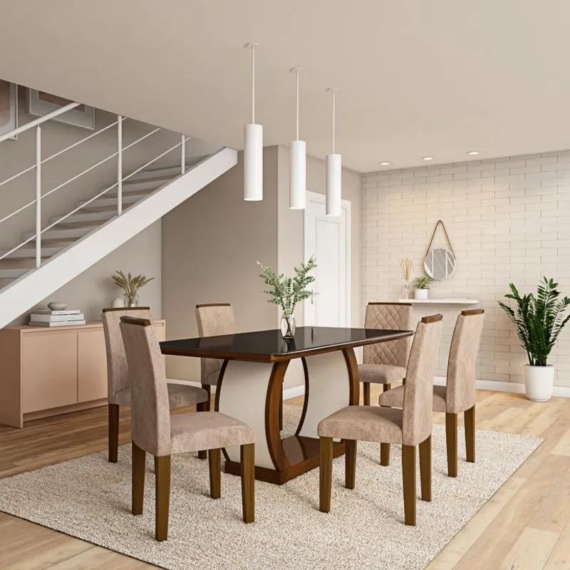 Conjunto de Mesa de Jantar com Vidro e 6 Cadeiras Jéssica II Suede Animalle Castor e Chocolate