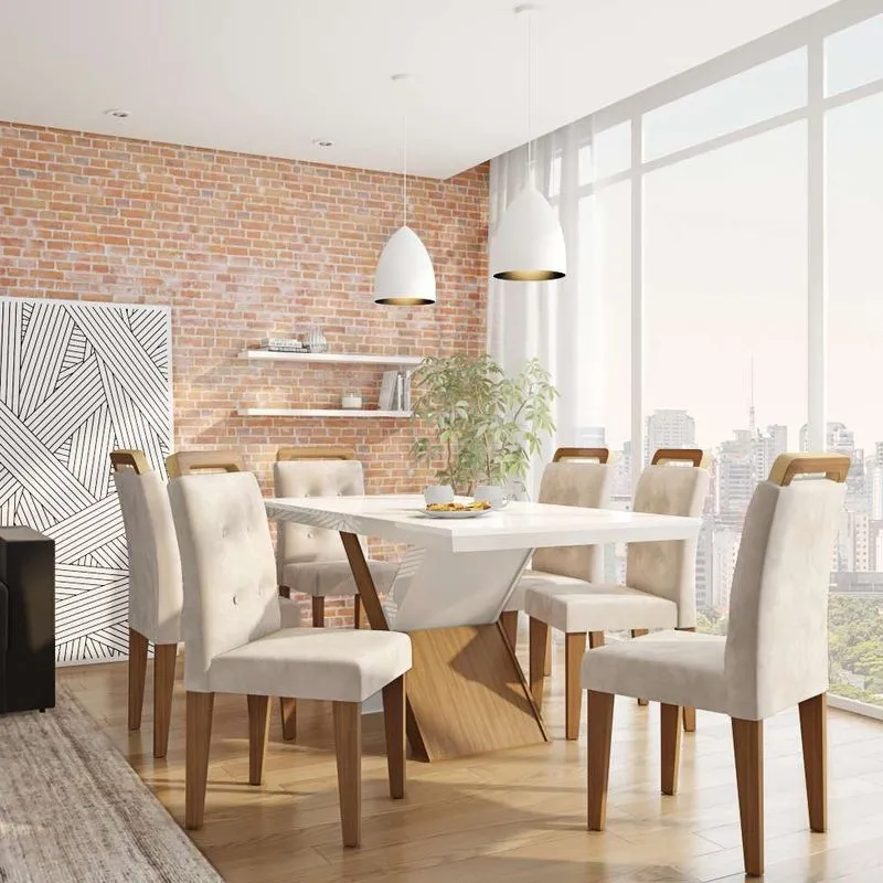 Conjunto De Mesa De Jantar Com Vidro E 6 Cadeiras Inês Veludo Creme E Off White