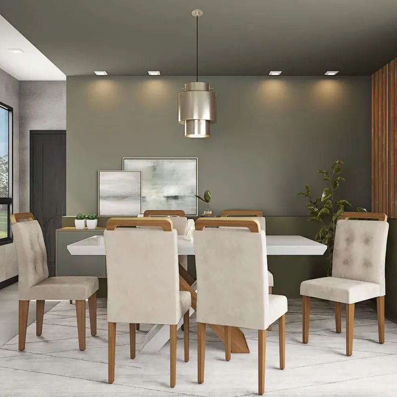 Conjunto De Mesa De Jantar Com Vidro E 6 Cadeiras Alcantara Veludo Creme E Off White