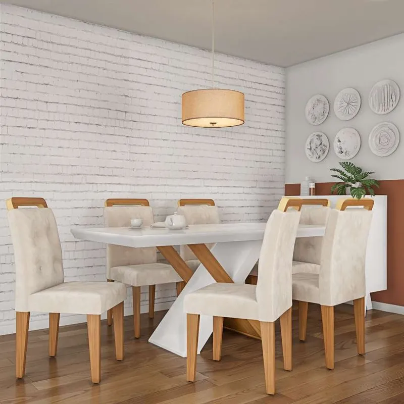Conjunto de Mesa de Jantar com Vidro e 6 Cadeiras Mobly Elizabeth Veludo Creme