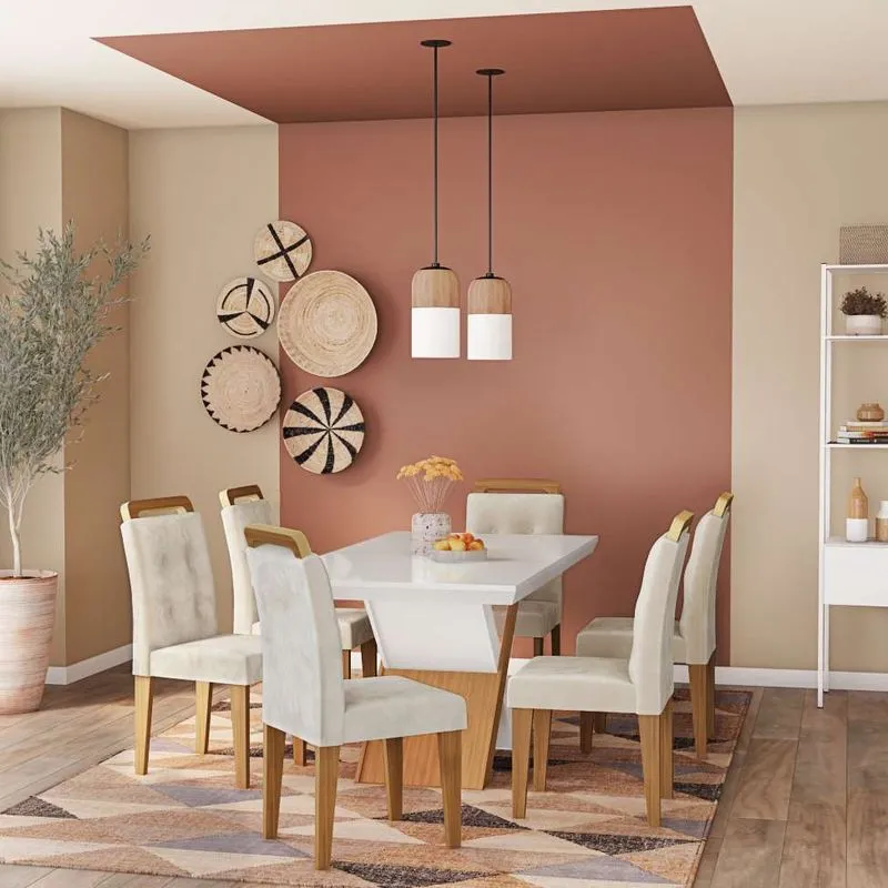 Conjunto De Mesa De Jantar Com Vidro E 6 Cadeiras Amanda Veludo Creme E Off White