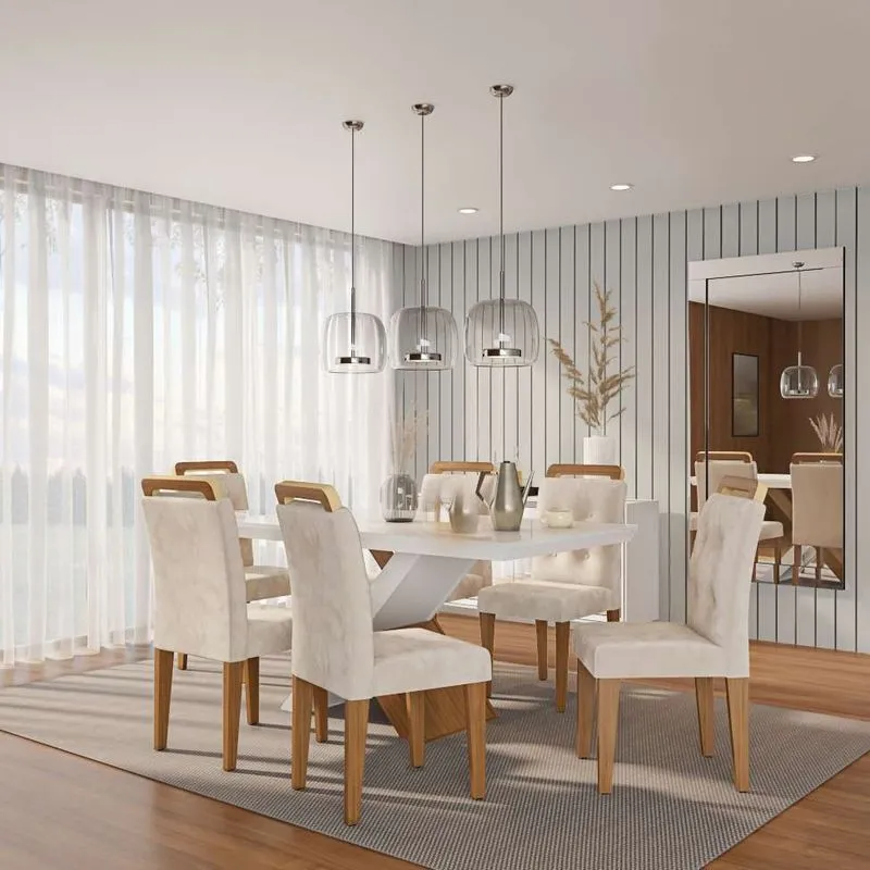 Conjunto De Mesa De Jantar Com Vidro E 6 Cadeiras Aurora Veludo Creme E Off White