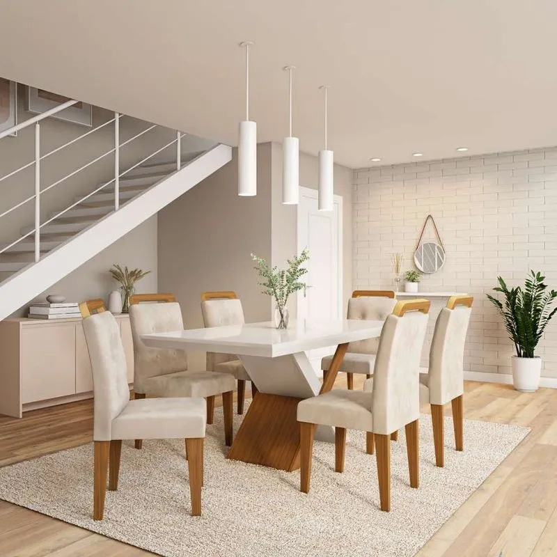 Conjunto de Mesa de Jantar com Vidro e 6 Cadeiras Mobly Cecília MDF e Veludo Off White