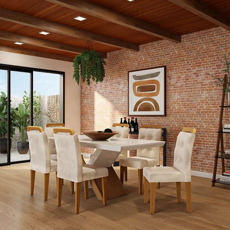 Conjunto De Mesa De Jantar Com Vidro E 6 Cadeiras Clarice Veludo Creme E Off White