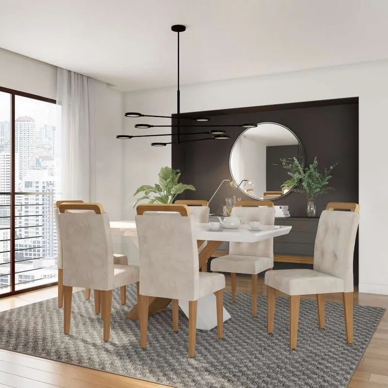Conjunto De Mesa De Jantar Com Vidro E 6 Cadeiras Ariel Veludo Creme E Off White