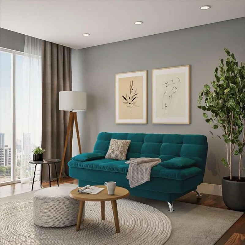 Sofá-Cama Casal 3 Lugares Luxo Suede Azul Turquesa