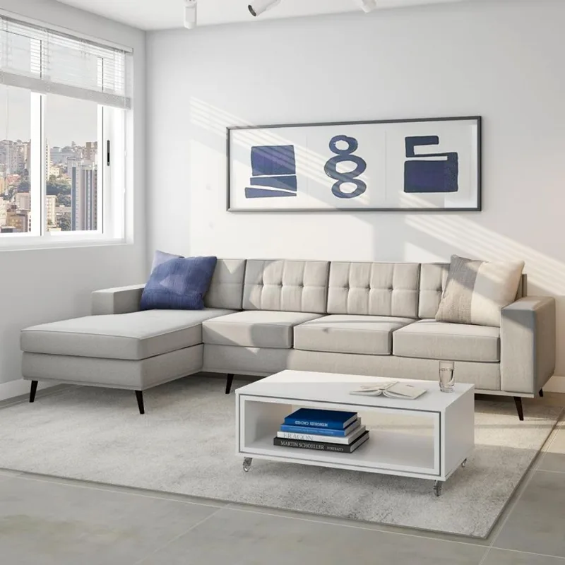 Sofá 4 Lugares Live com Chaise Esquerdo Pé Palito Linho Cotton Cru