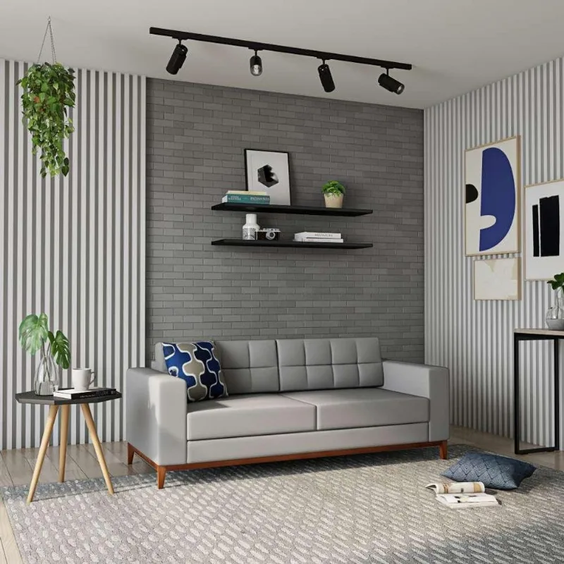 Sofá 3 Lugares Happy Pés e Base em Madeira Linho Cotton Cinza 180 cm