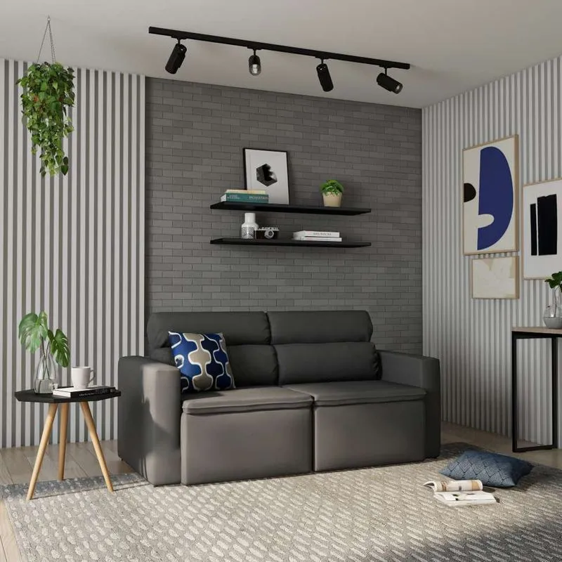 Sofá 3 Lugares Retrátil E Reclinavél Duisburgo Suede Grafite 180 Cm