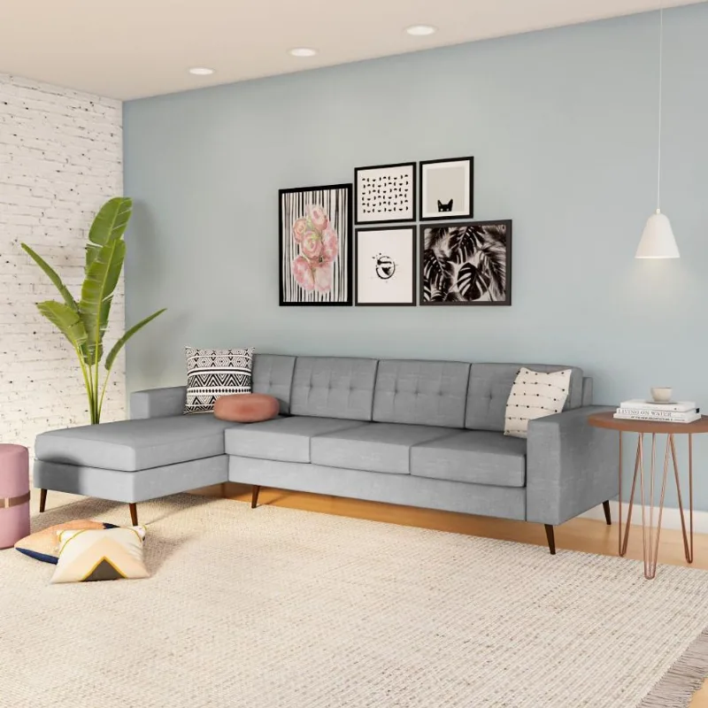 Sofá 4 Lugares Joy com Chaise Esquerdo Pé Palito Linho Cotton Cinza