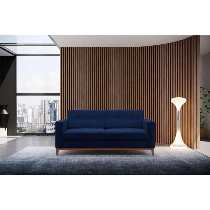 Sofá 2 Lugares Living Pés e Base em Madeira Linho Cotton Azul Marinho