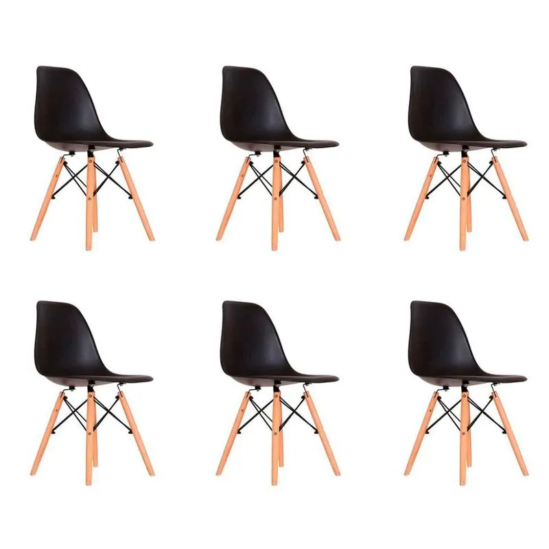 Conjunto 6 Cadeiras Mobly Eames Quilmes Polipropileno Madeira e Aço Preto
