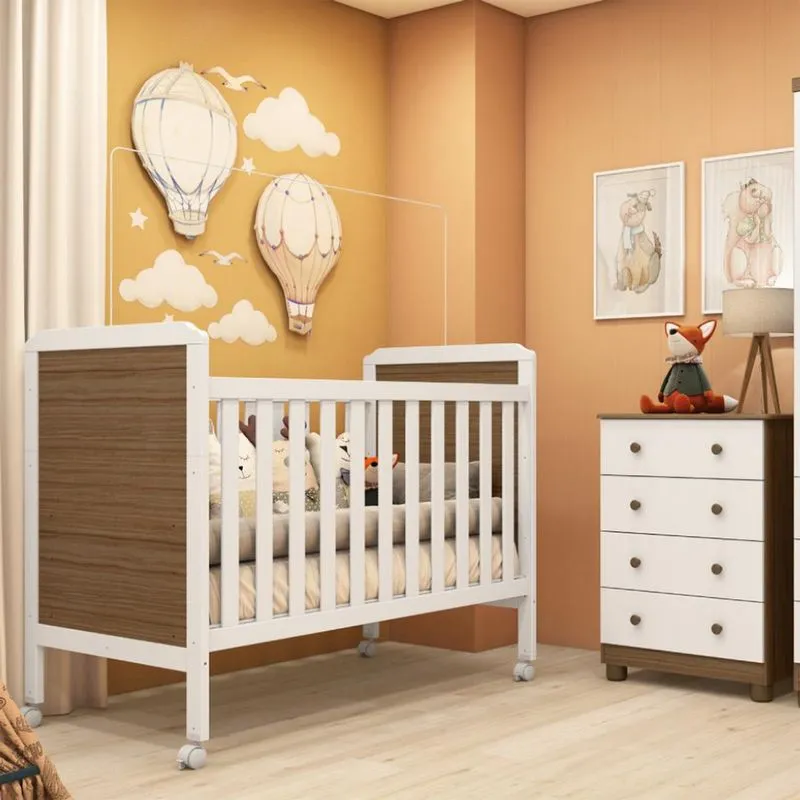 Conjunto de Cômoda Junior 4 GV com Berço Minicama Cloe Branco e Carvalho