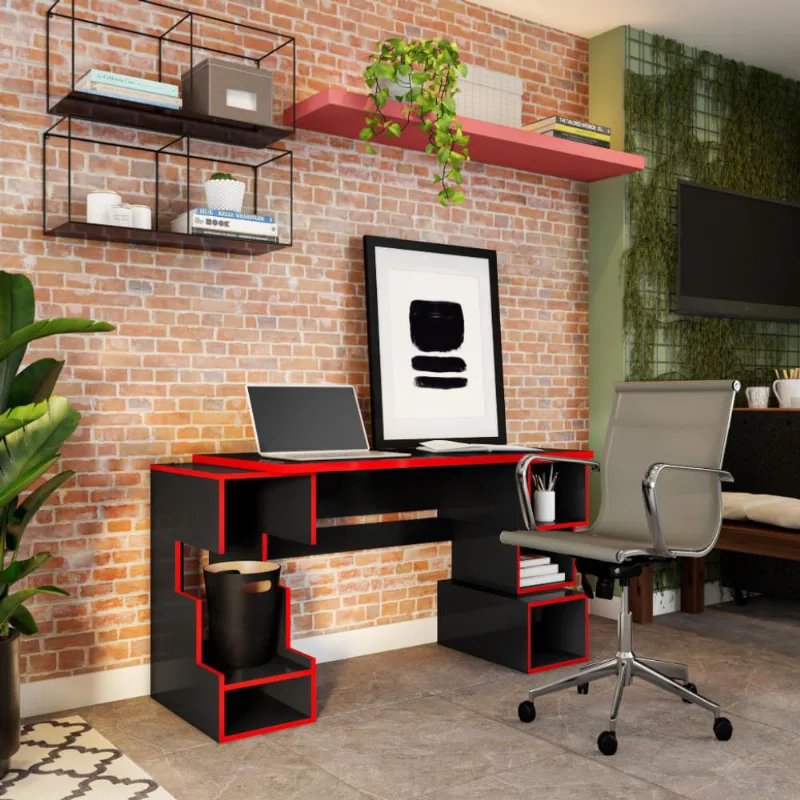 Mesa Gamer com LED Drake Preta e Vermelha