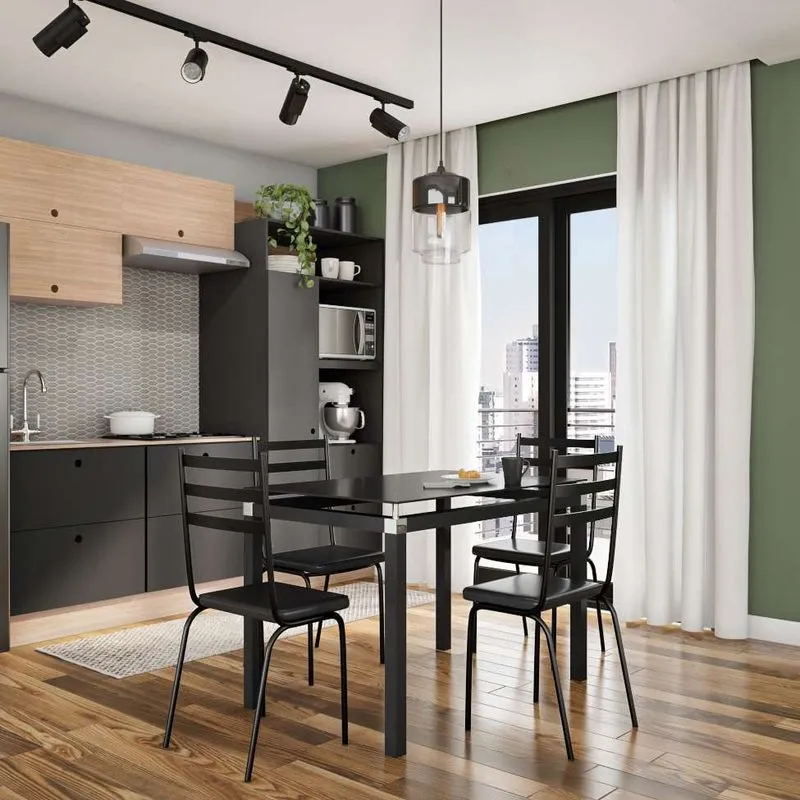 Conjunto de Mesa e Cadeiras Mobly Parsley Aço e Vidro 4 Lugares Preto