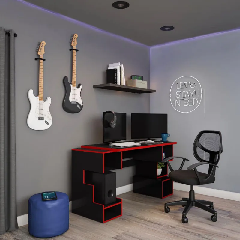 Mesa Gamer com LED Boss Preta e Vermelha
