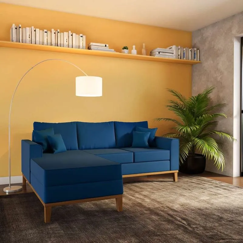 Sofá com Chaise Esquerdo Mobly Falcone 3 Lugares Linho Azul Marinho