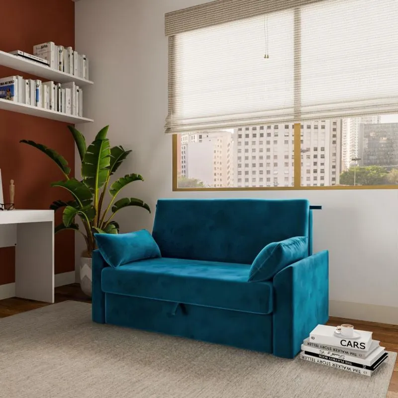 Sofá-Cama Casal 2 Lugares Turmalina Veludo com Baú e Almofadas Azul