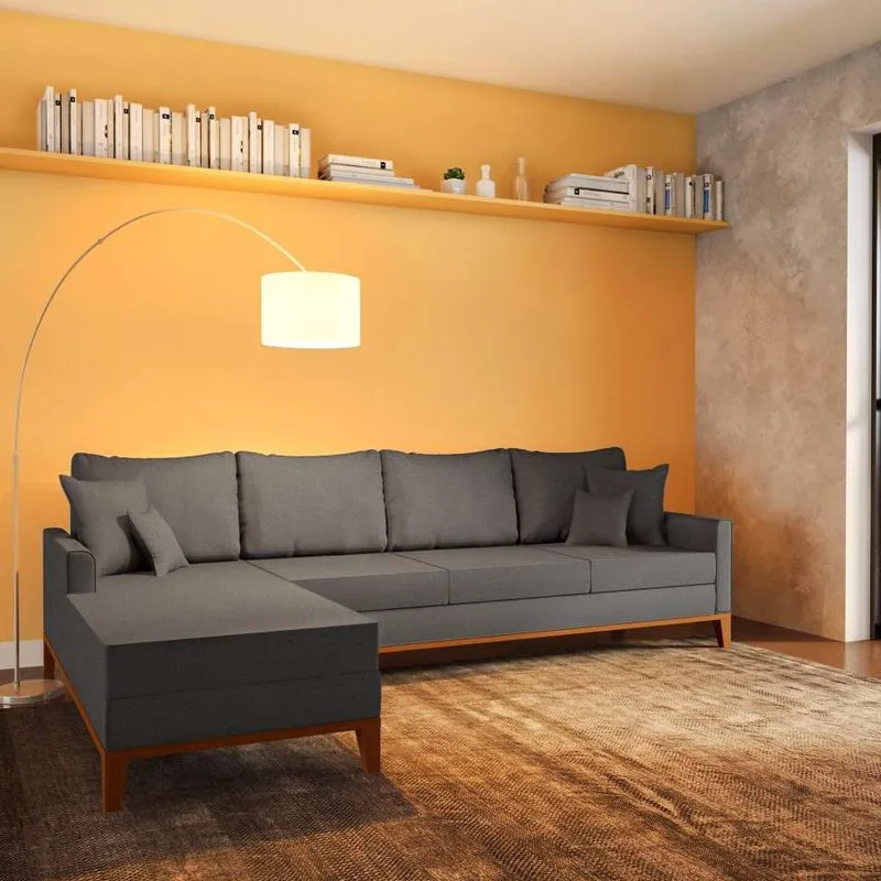 Sofá com Chaise Esquerdo Mobly Tunari Linho Grafite 4 Lugares
