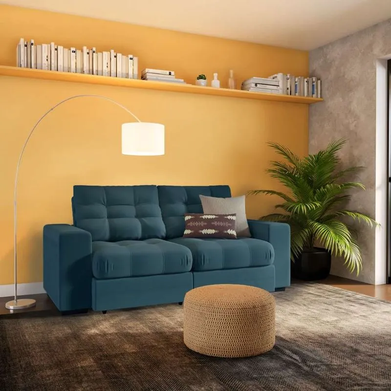 Sofá Retrátil e Reclinável Mobly Angers 3 Lugares Madeira Maciça Suede Azul