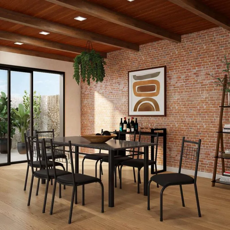 Conjunto de Mesa com 8 Cadeiras Alfama Preto Liso