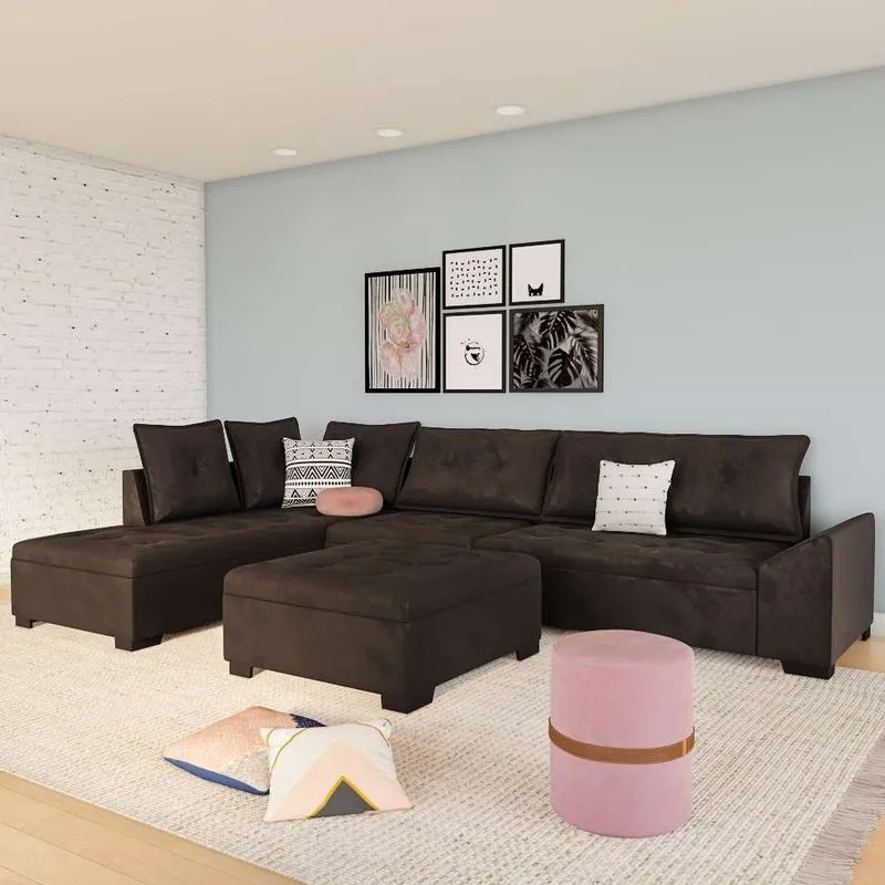 Sofá de Canto com Chaise Esquerdo Mobly Blumenau Madeira Maciça Suede Café