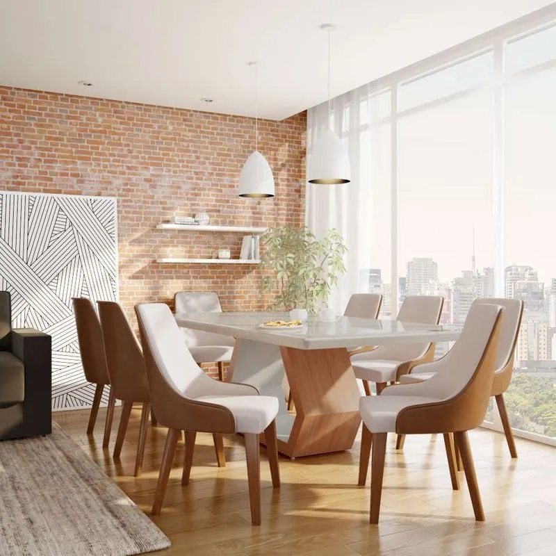 Conjunto de Mesa de Jantar com 8 Cadeiras Mobly Rubi Madeira Vidro e Linho Off White