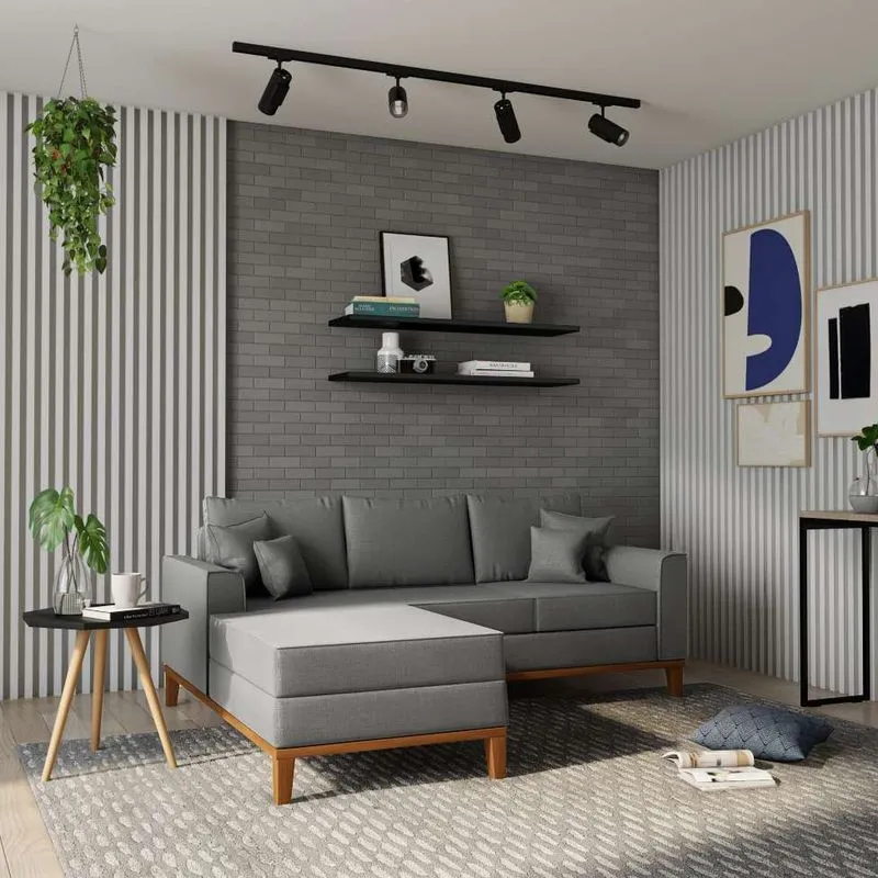 Sofá com Chaise Esquerdo Mobly Bacalar Linho Cinza 3 Lugares