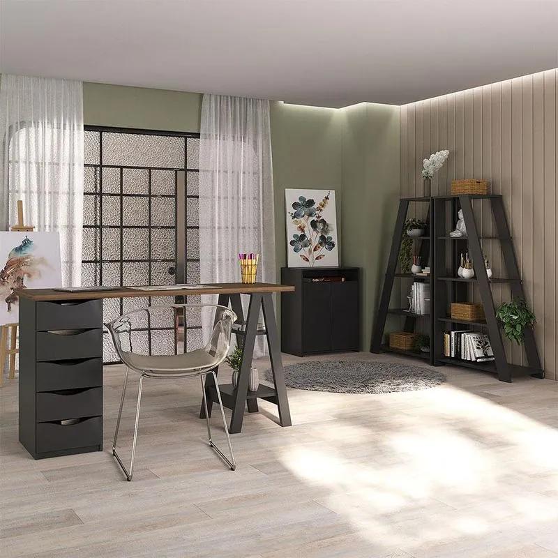 Conjunto de Escritório Spirit Cool Star MDP e MDF Preto e Nogal 4 Peças