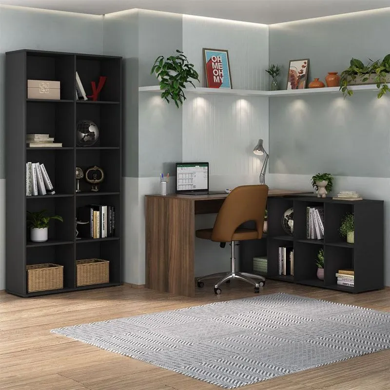 Conjunto de Mesa com Estante de Escritório Nero Isabel Preto e Ipê