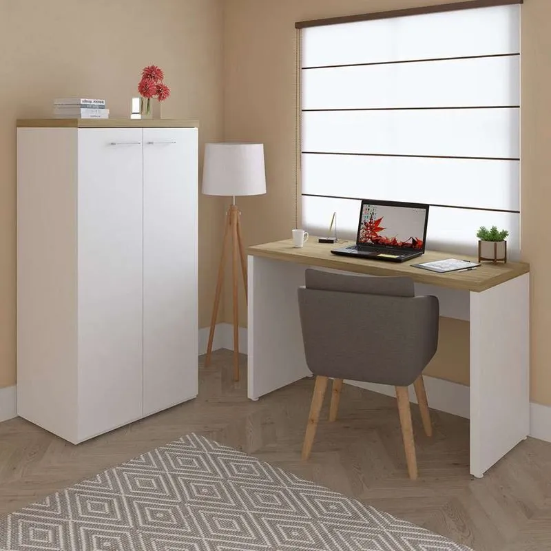 Conjunto de Escritório Toq MDP e Tamburato com Armário 2 Portas Branco e Olmo 120cm